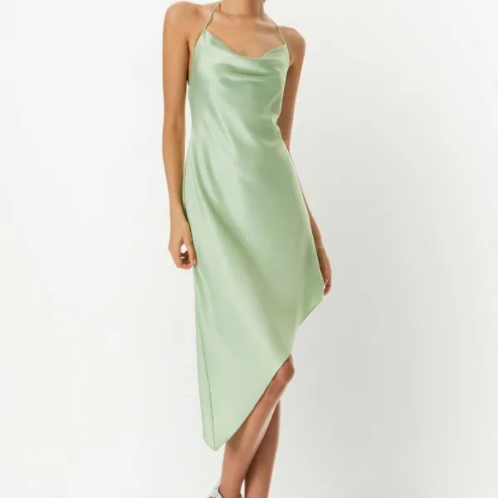Alice + Olivia Women Green Satin Asymmetrical Cowl Halter Slip Dress